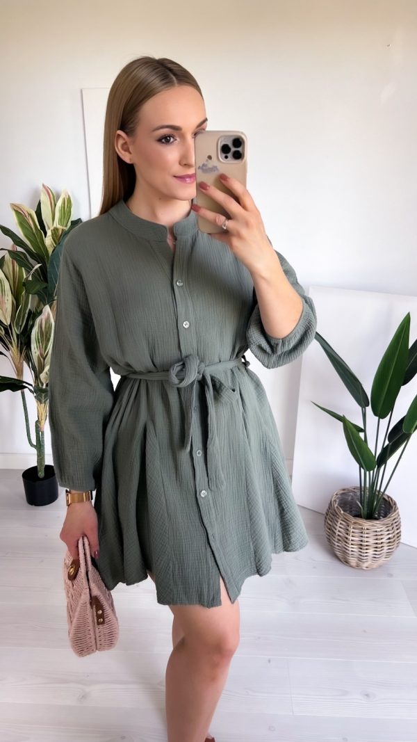 Muślinowa szmizjerka przed kolano khaki