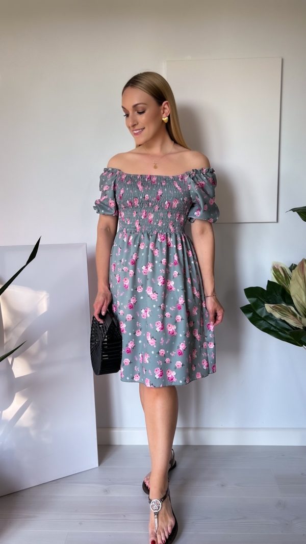 Suknia LUCY mini khaki w różyczki