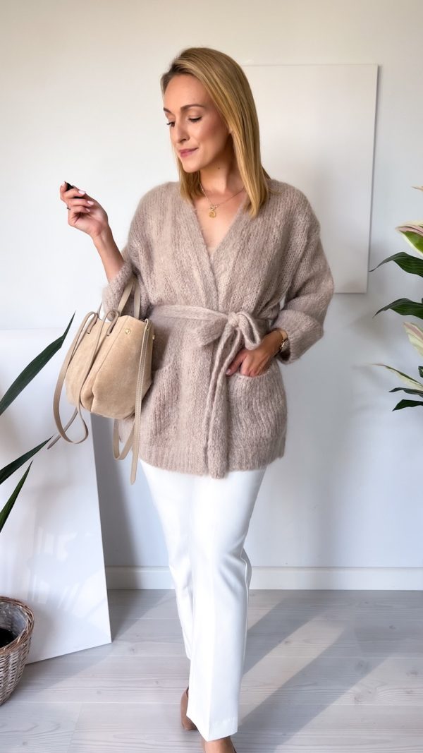 Sweter kardigan z wiązaniem w pasie KID MOHER beż