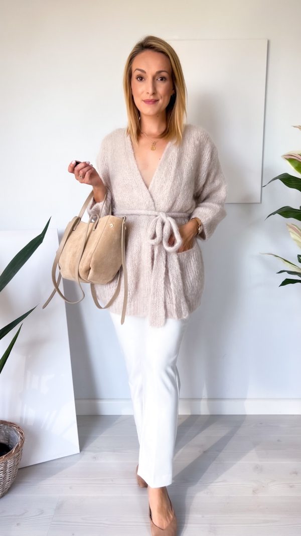 Sweter kardigan z wiązaniem w pasie KID MOHER jasny beż