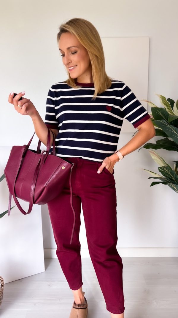 Jesiennych sweter w paski z sercem granat- bordo