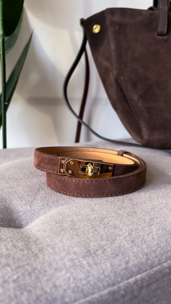 Pasek LUNA niebieski skóra naturalna czekolada zamsz