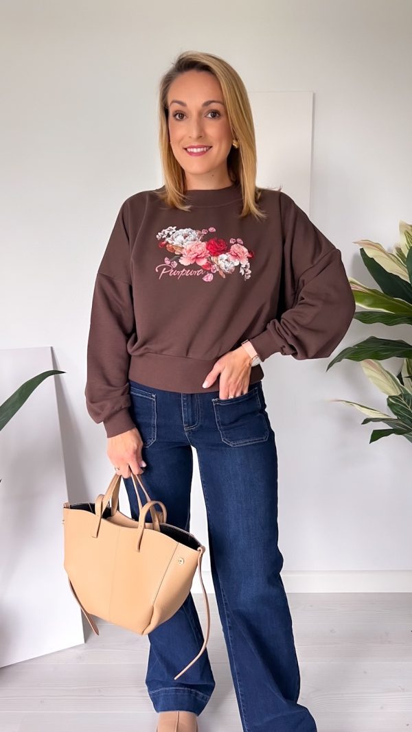Bluza z aplikacją w kwiaty czekolada