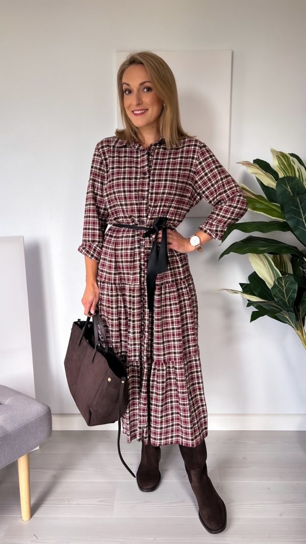 Sukienka maxi w kratę brąz- bordo