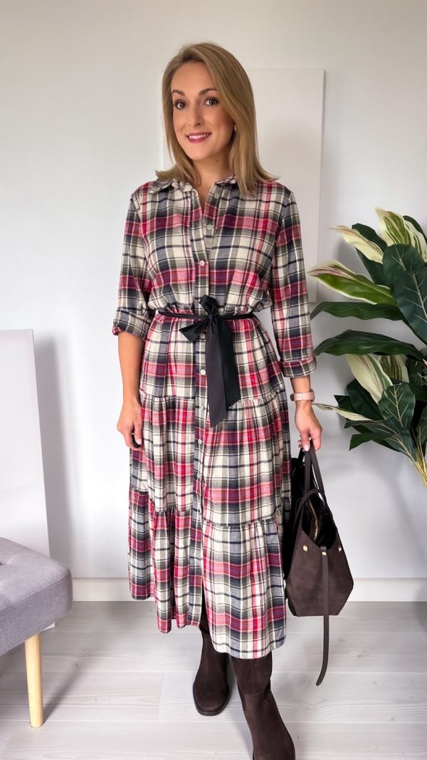 Sukienka maxi w kratę czerwień- khaki