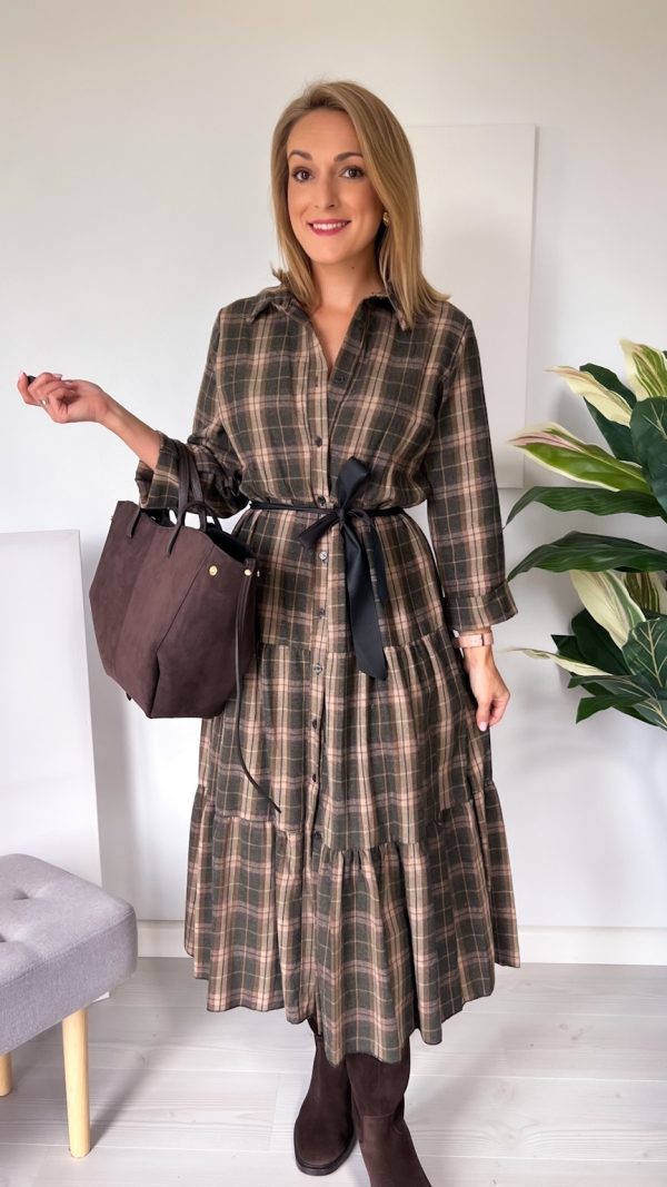 Sukienka maxi w kratę khaki- beż