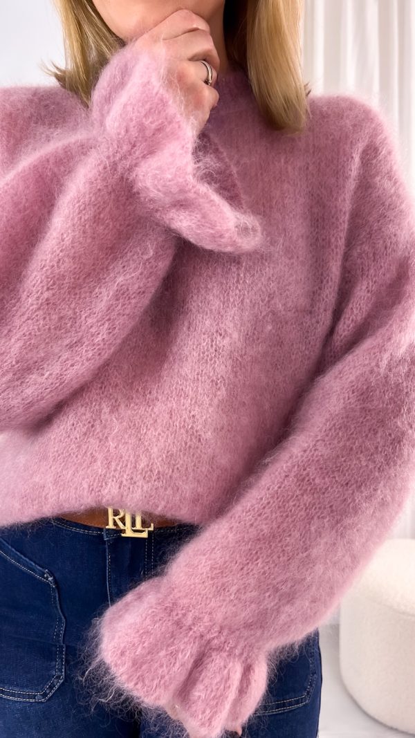 🧶 Sweter KID MOHER 80% z  falbanką przy rękawach 🧶 jagodowy