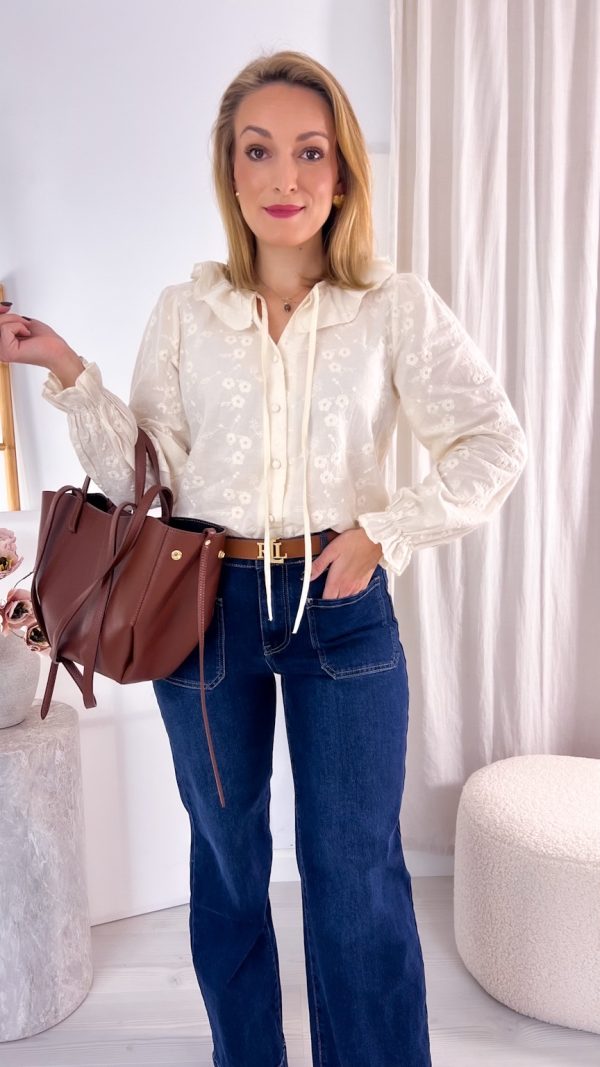 Koszula SONIA beżowa z kołnierzem w haftowane kwiaty