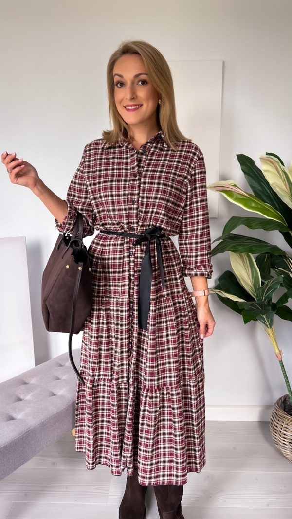 Sukienka maxi w kratę bordo