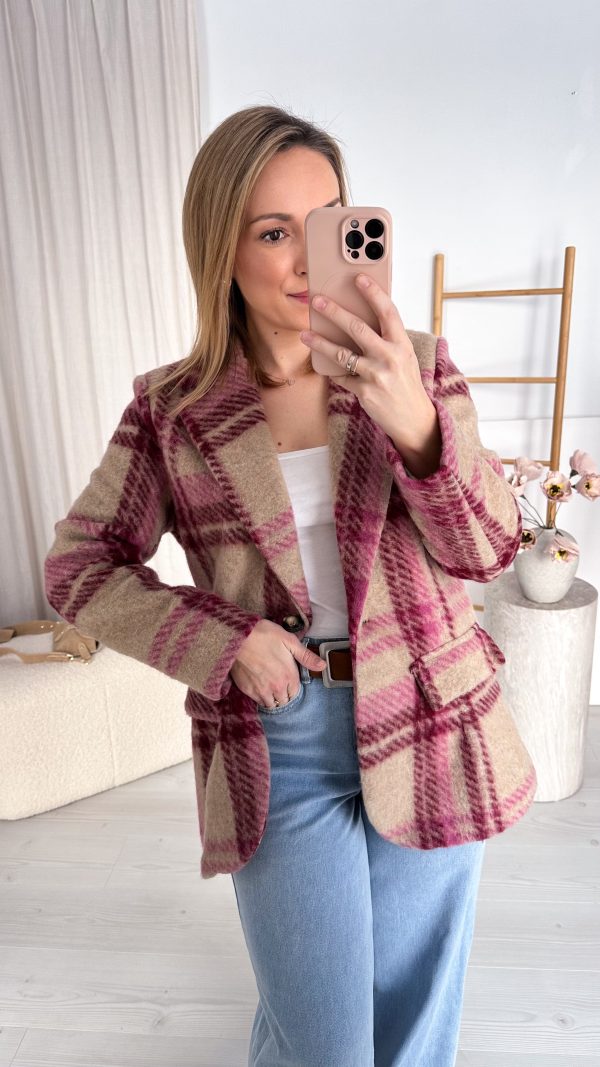 Marynarka 32% wełny różowa krata