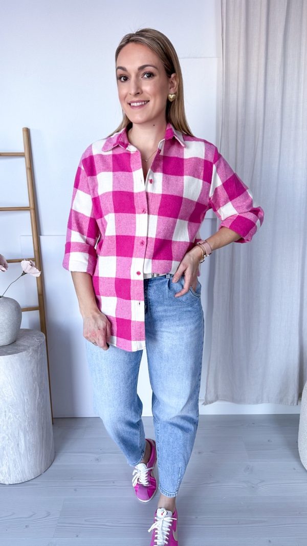 Koszula w kratę MEADOW amarantowo- śmietankowa duża krata