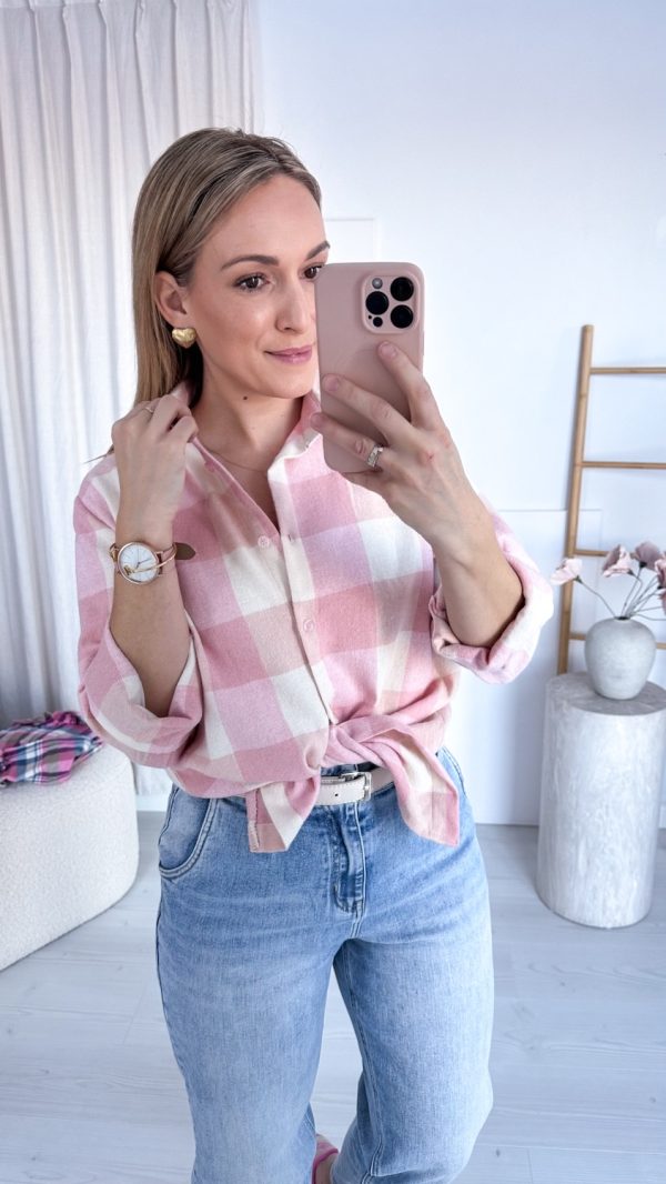 Koszula w kratę MEADOW pudrowo- śmietankowa duża krata