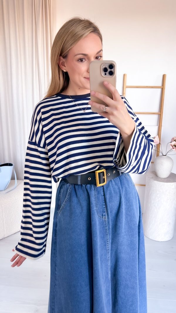 Longsleeve w paski beżowo- granatowy