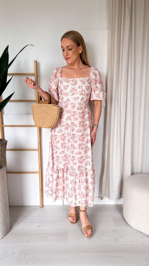 Sukienka OFELIA beżowa w bukiety róż