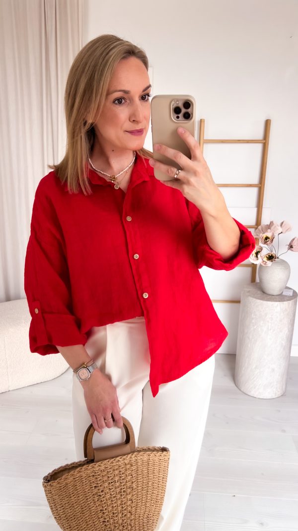 Koszula lniana czerwona 100% len